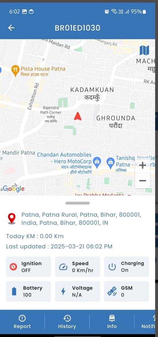 traQpro mobile app showing a vehicle on the map